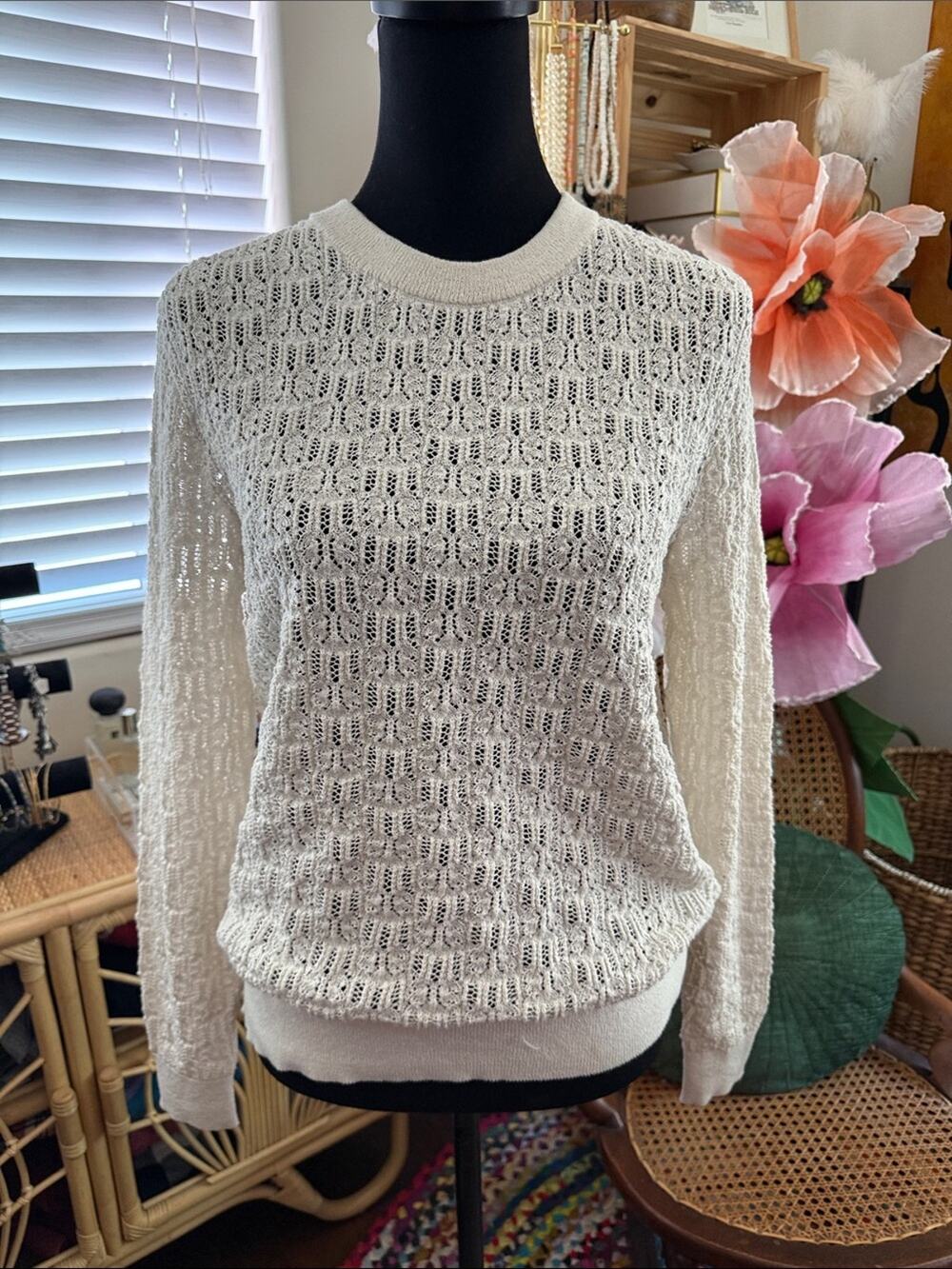 Zara Ivory Pointelle Knit Long Sleeve Pullover Classic Chic Sweater